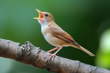 Canvas Print - close-focus shot of a nightingale singing on a branch