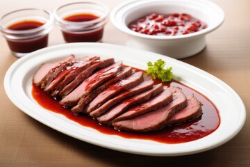 Sticker - probed brisket with sauce on a porcelain serving plate