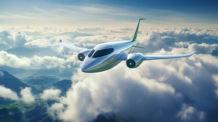 Futuristic electric plane soaring in the sky on top of clouds at daytime