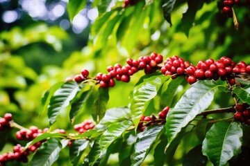 Poster - vivid coffee cherries against dense green foliage