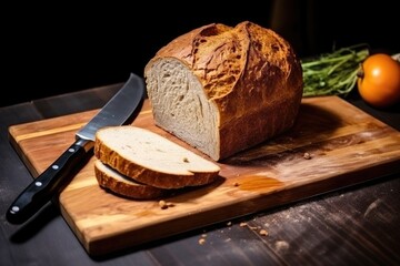 Canvas Print - board with a sliced loaf of bread and a knife