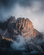 View Of Moody Mountain Peaks In The Dolomites, Italy.