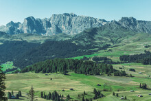 View of Alpe di Siusi (Seiser Alm) plateau valley on the Dolomites mountains, Val Gardena, South Tyrol, Trentino, Italy.