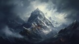 Fototapeta Góry - Rugged mountain peaks dusted with snow, piercing through a blanket of clouds.