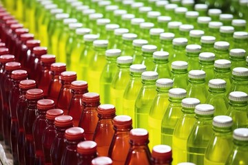 Canvas Print - rows of identical freshly filled juice bottles