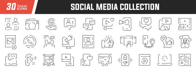 Poster - Social media linear icons set. Collection of 30 icons in black