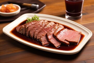 Poster - probed brisket with sauce on a porcelain serving plate