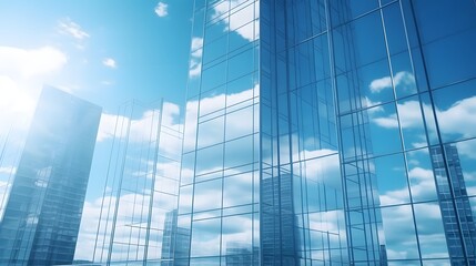 Wall Mural - Reflective skyscrapers, business office buildings. Low angle photography of glass curtain wall details of high-rise buildings.The window glass reflects the blue sky and white clouds. Generative AI