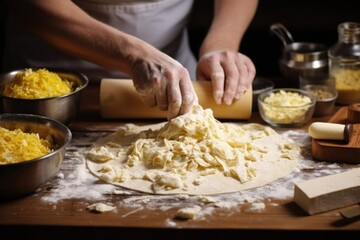 Canvas Print - human hand filling calzone dough with shredded cheese