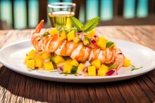 Grilled King Prawns With Mango Salsa On A Plate