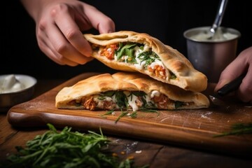 Canvas Print - hand holding fork and knife into a fresh calzone