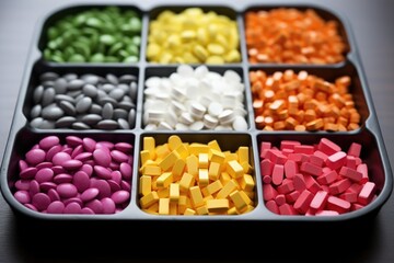 Poster - a tray of sorted supplement pills in different colors