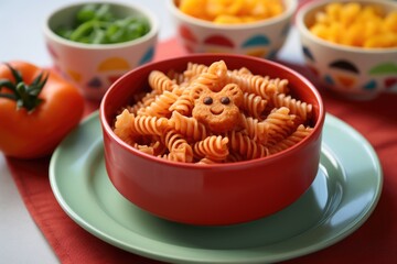 Poster - fun shaped pasta with tomato sauce in a kid胢s bowl