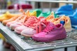 multiple washable childrens shoes on a manufacturing table