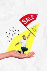 Sticker - Art photo collage of crazy running shopaholic guy with tattoos jumping hold red sale flag on big human palm isolated over white background