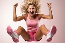 Happy And Energetic Blonde Woman Dressed In A Pink Sports Outfit Jumping For Joy