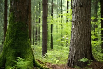 two trees leaning towards each other in a forest