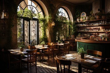 Italian Restaurant. Restaurant interior with tables and chairs. Vintage toned image. Traditional Italian Kitchen.