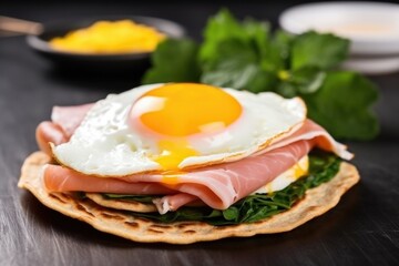 Sticker - hand layering pita bread with fried egg and ham