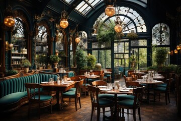 Italian Restaurant. Restaurant interior with tables and chairs. Vintage toned image. Traditional Italian Kitchen.