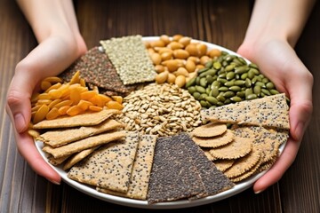 Wall Mural - rolled up sleeve hand presenting plate of various seed crackers