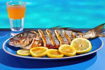 Canvas Print - grilled sea bass on blue plate with lemon garnish