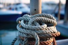 close-up of nautical ropes tied on a bollard at the marina