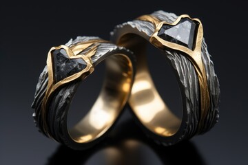 Wall Mural - gold and silver wedding rings on a jagged obsidian stone
