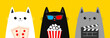 Black cat set holding popcorn, clapper board, tickets. Cinema theater. Kitten watching movie in 3D glasses. Cute cartoon kawaii funny character. Film show. Flat design. White background.