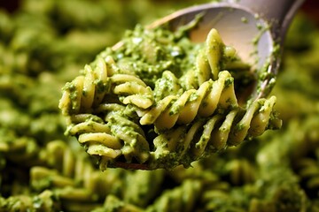 Poster - macro shot of pesto-covered spelt pasta on a spoon