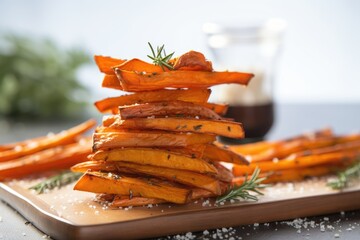 Poster - a low angle shot of tall stack of sweet potato fries