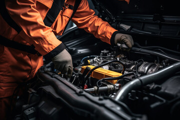 Technician Hands of car mechanic working repair in auto repair Service electric battery and Maintenance of car battery. Check the electrical system inside the car.