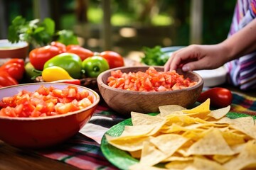 Poster - hand preparing a plate of tortilla chips and salsa for guests