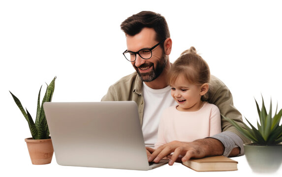 Clean Laptop User Image With Daughter on White or PNG Transparent Background.
