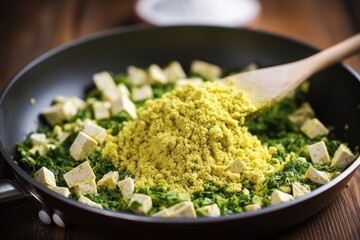 Sticker - stirring crumbled tofu in pan for scramble