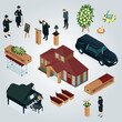 isometric set with building hearse coffin guests various elements funeral service isolated 3d vector illustration