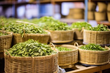 Wall Mural - baskets filled with picked tea leaves in factory