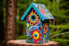 A Birdhouse Painted With Vibrant, Funny Patterns
