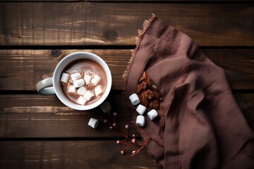 Poster - overhead view of a cozy cup of hot cocoa on a wooden table