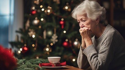Lonely elderly woman Grandmother during Christmas missing loved ones. Scene of sadness, trauma and loss.