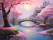 Cherry Blossoms And Pagoda In Spring, Digital Painting.