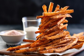 Sticker - a low angle shot of tall stack of sweet potato fries