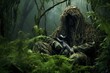 Man in the jungle with machine gun. Dark forest. Selective focus, Ghillie suit sniper camouflage sitting on a jungle, AI Generated