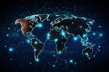 Poster - World map on technological background, glowing lines symbols. 3D rendering, Global network connection on a world map hologram, Black background, AI Generated