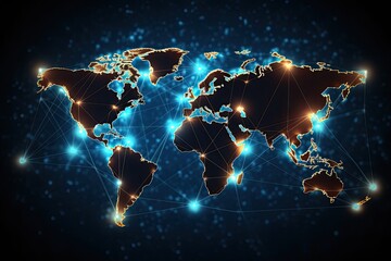 Poster - Abstract world map on blue background. Global network connection concept. Vector illustration, Global network connection on a world map hologram, Black background, AI Generated