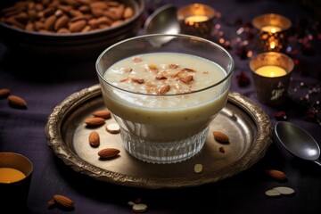 Wall Mural - vegan kheer in a glass bowl decorated with almonds