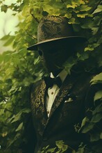AI Generated Illustration Of A Man In A Suit And A Mask Hiding Behind A Lush Green Bush