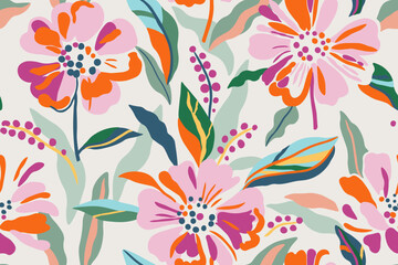 abstract foliage botanical seamless background. colorful wallpaper of tropical plants, flowers, flor
