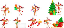 Funny Reindeer Cartoon Character In Different Possess. Vector Flat Design Collection Set Isolated On Transparent Background
