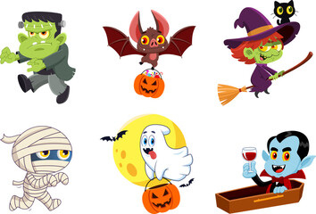 Wall Mural - Halloween Cartoon Characters. Vector Flat Design Collection Set Isolated On Transparent Background